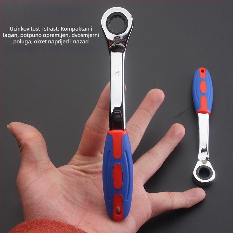 Ključ clichet s reverzibilnim automatskim radom, dvostruka uporaba, plastična zakrivljena drška, visoko ugljično čelično