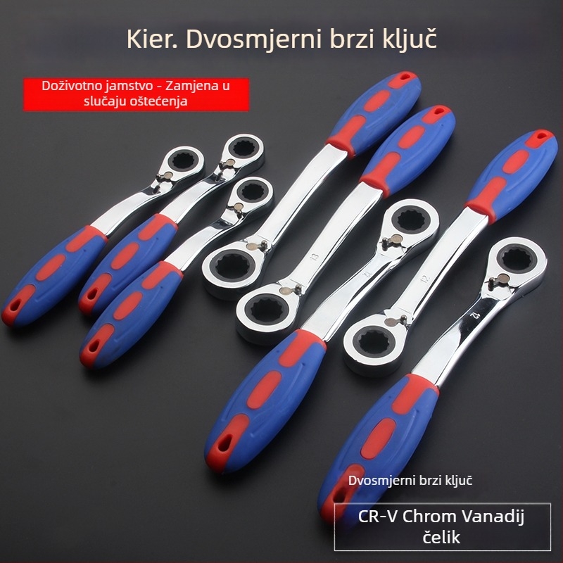 Ključ clichet s reverzibilnim automatskim radom, dvostruka uporaba, plastična zakrivljena drška, visoko ugljično čelično