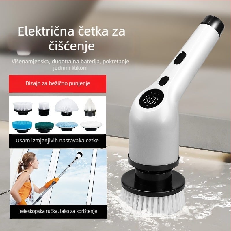  Električni mop s izvlačnom dugom drškom i LCD zaslonom — osam u jednom četka za kuhinju i kupaonu