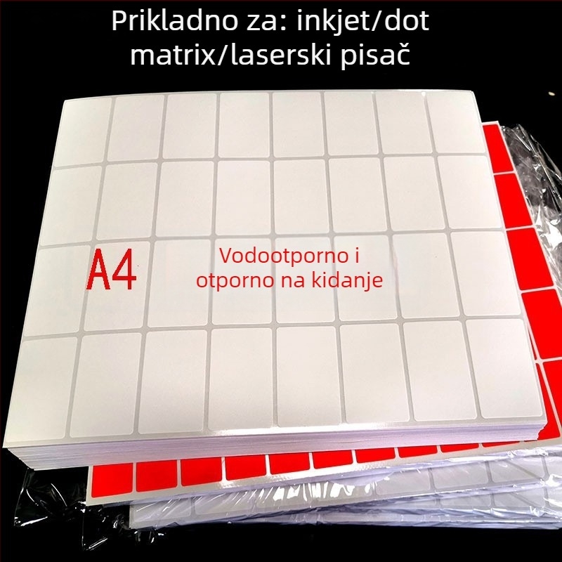 Prilagodljiva vodootporna prozirna vinil naljepnica za ispis tintom; oblici: kvadrat, pravokutnik, oval, drugi; debljina 0.1 mm; stražnja strana: Glassine; ljepilo: vodeno.