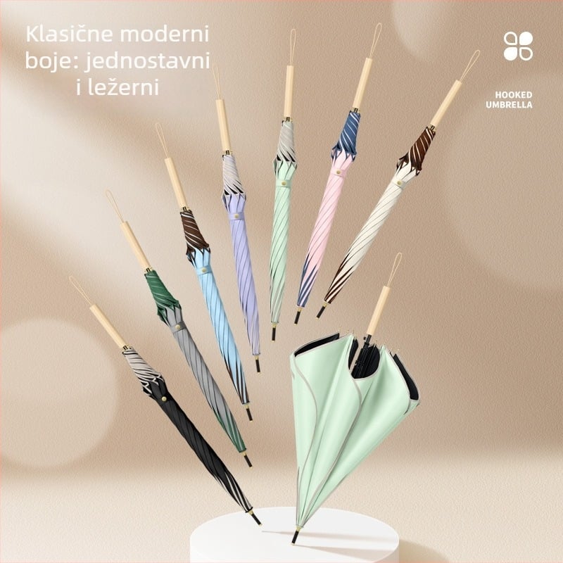Kišobran u obliku latice s UV zaštitom UPF 50+, 8 rebara, tkanina Vinyl 210T, ručno otvaranje, automatsko zatvaranje, drvena ručka, šasija od legure, moguć ispis logotipa