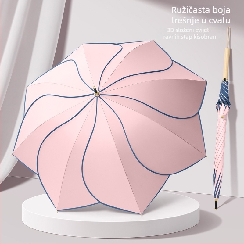 Kišobran u obliku latice s UV zaštitom UPF 50+, 8 rebara, tkanina Vinyl 210T, ručno otvaranje, automatsko zatvaranje, drvena ručka, šasija od legure, moguć ispis logotipa