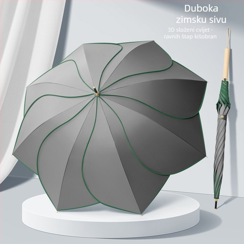 Kišobran u obliku latice s UV zaštitom UPF 50+, 8 rebara, tkanina Vinyl 210T, ručno otvaranje, automatsko zatvaranje, drvena ručka, šasija od legure, moguć ispis logotipa