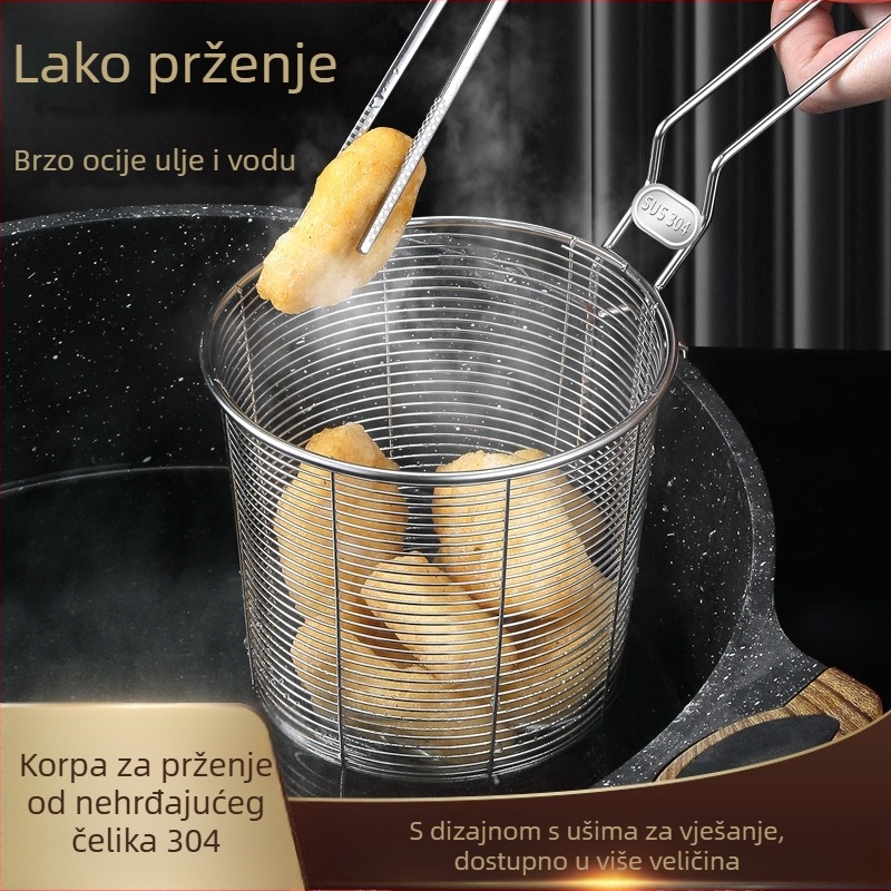 Koš za prženje od nehrđajućeg čelika 304 s filtrom za rezance, grickalice i pomfrit – ručka protiv opeklina, jedan kukasti kuka, prilagodljivo Zhenggang Hardware