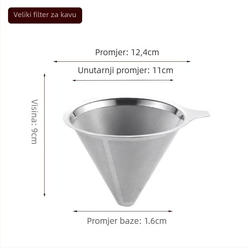 Dvojno-slojni filtr za kavu od nehrđajućeg čelika 304, laserski gravirano logo, za kafić, jednofarbni uzorak, pakirano u papirnatu kutiju.