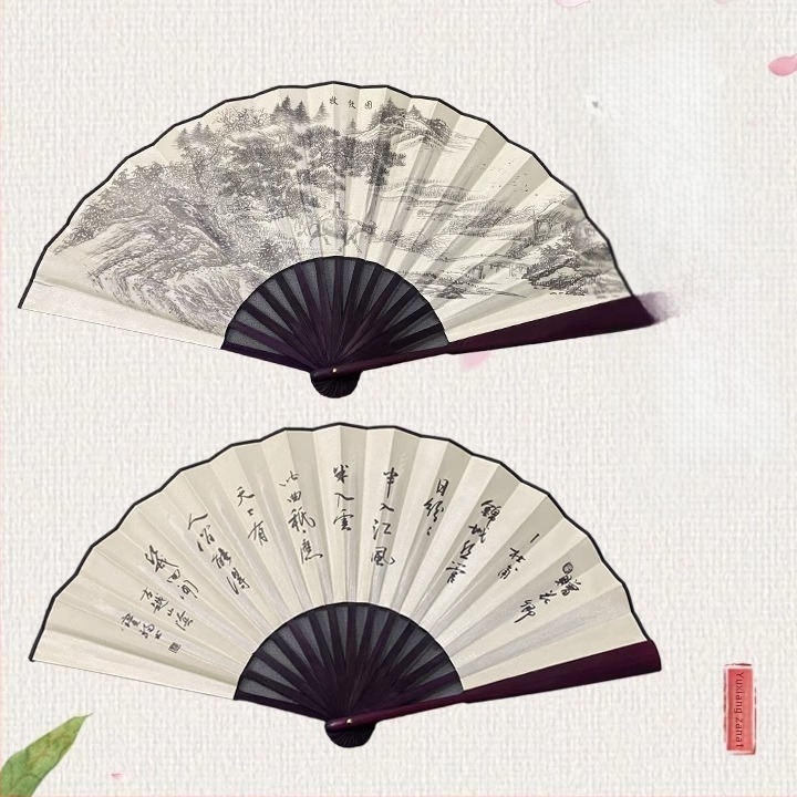 Sklopivi ručni fan od svile, tehnika tiska, moderan minimalistički stil, nadahnut dinastijom Han