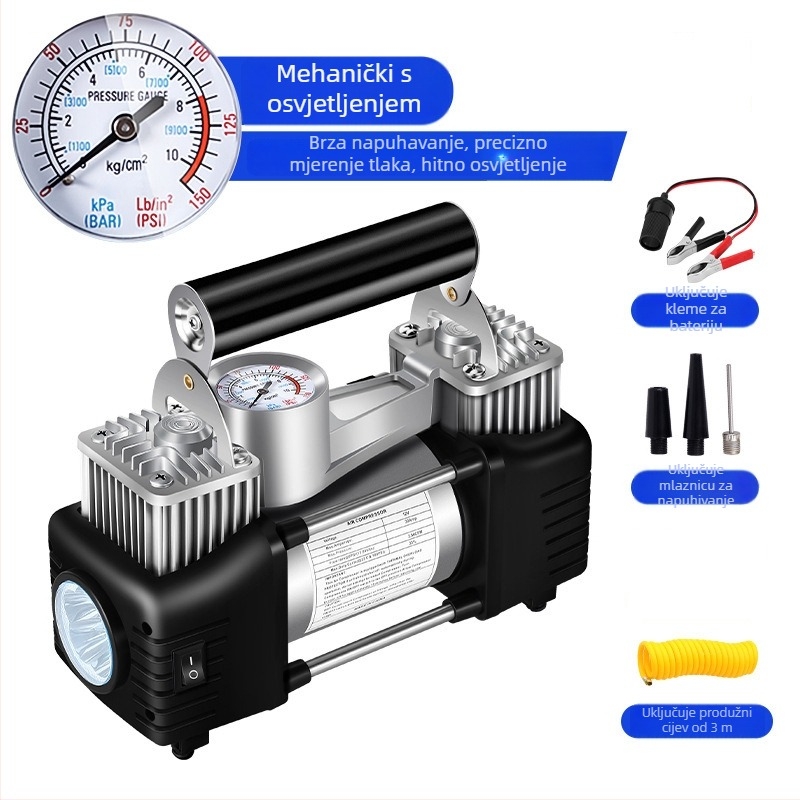 Prijenosni dvocilindrični kompresor za automobile, 12V, 180W, 45 L/min, Digitalni zaslon