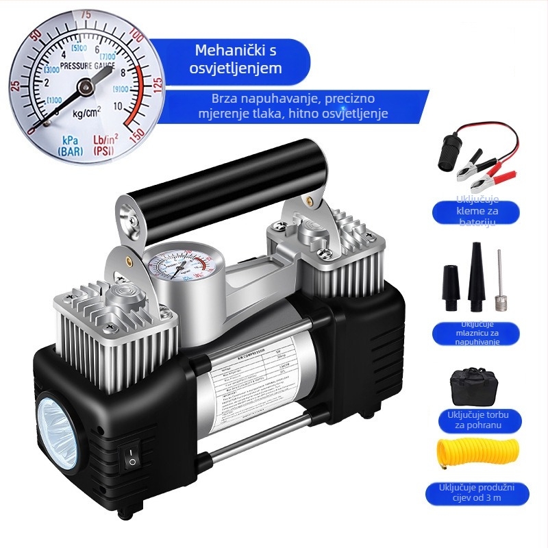 Prijenosni dvocilindrični kompresor za automobile, 12V, 180W, 45 L/min, Digitalni zaslon