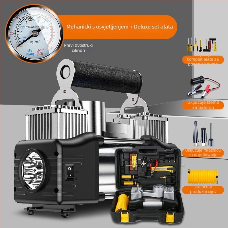 Prijenosni dvocilindrični kompresor za automobile, 12V, 180W, 45 L/min, Digitalni zaslon