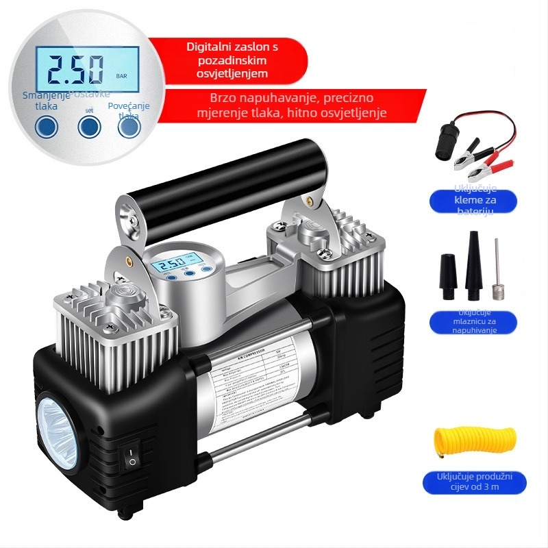 Prijenosni dvocilindrični kompresor za automobile, 12V, 180W, 45 L/min, Digitalni zaslon