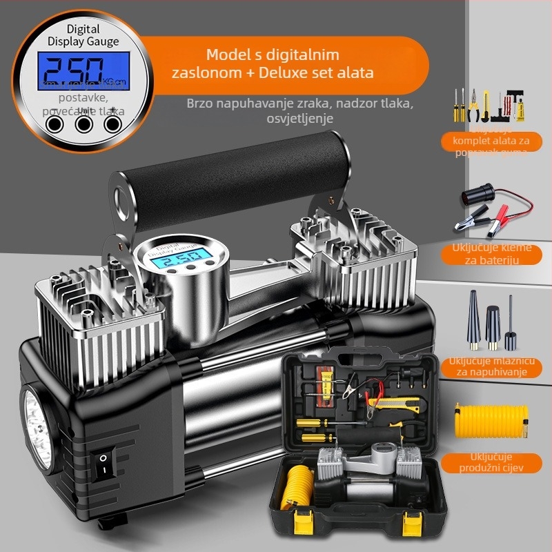 Prijenosni dvocilindrični kompresor za automobile, 12V, 180W, 45 L/min, Digitalni zaslon