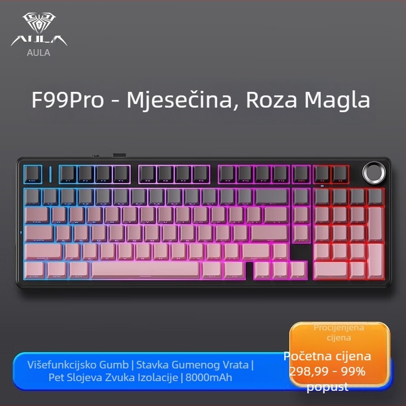 Aula Tarantula F99/F99Pro mehanička tipkovnica – bežični Bluetooth s tri načina, RGB pozadinsko osvjetljenje, ABS kućište, podrška do 3 uređaja istovremeno