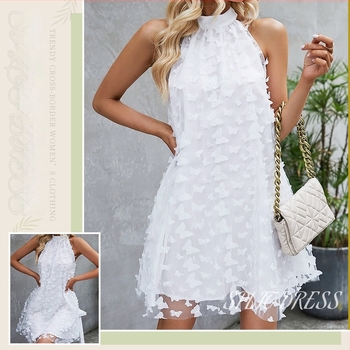 Haljina od elastičnog poliestera, halter ovrat s otvorenim ramenima, A-linija, kratka, uzorak mašna