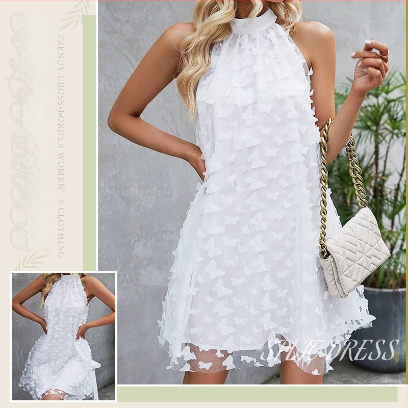 Haljina od elastičnog poliestera, halter ovrat s otvorenim ramenima, A-linija, kratka, uzorak mašna