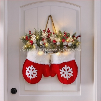 Sjajan Božićni venčić s rukavicama, pliš, američki stil, polu ručna/polumahinska izrada, šifra CP5090301