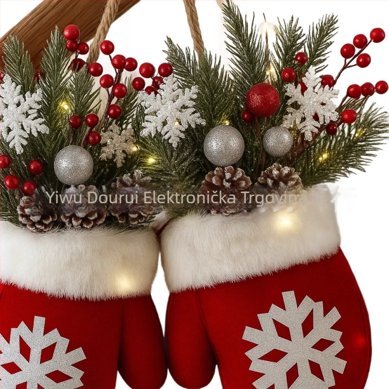Sjajan Božićni venčić s rukavicama, pliš, američki stil, polu ručna/polumahinska izrada, šifra CP5090301
