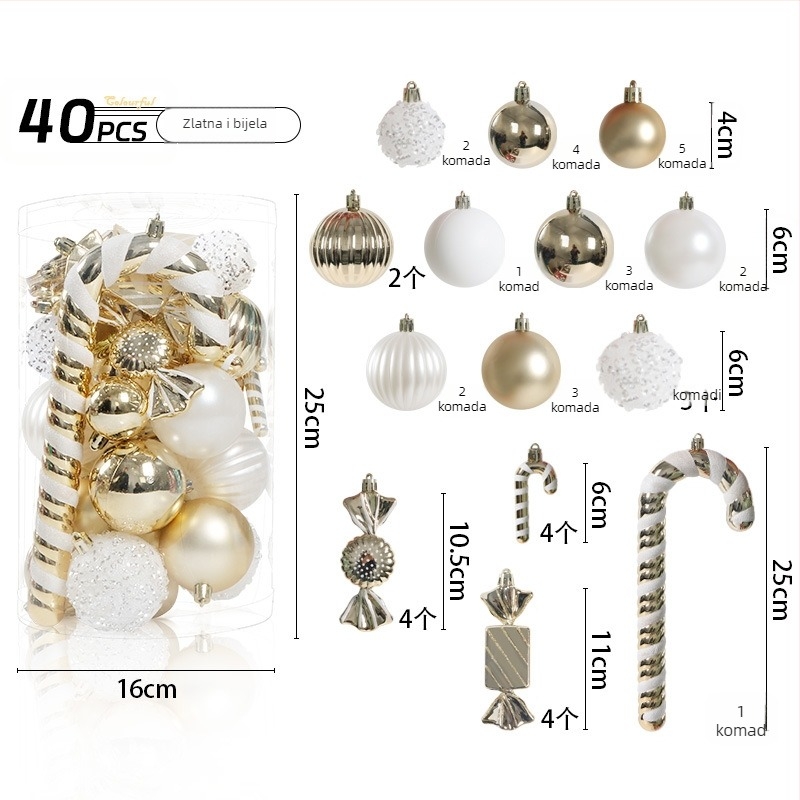 Set od 40 ukrasnih kuglica za božićno drvce s neobičnim oblikama, cilindrični set za vješanje, višebojni dizajn; Materijal: Drugo; Stil: Moderan minimalizam, lagan luksuz; Pogodno za Božić