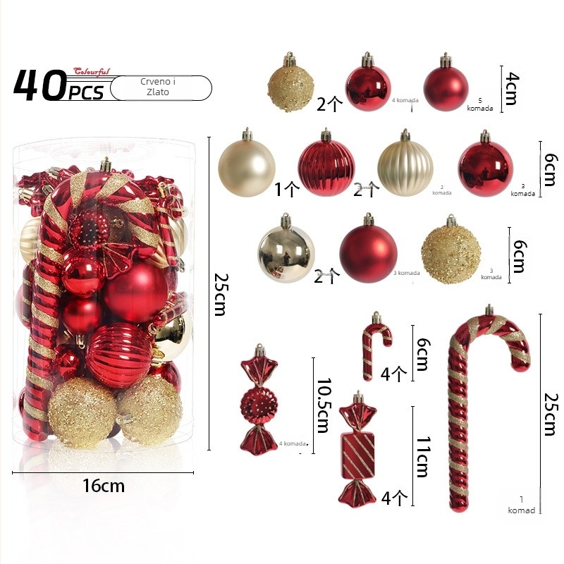 Set od 40 ukrasnih kuglica za božićno drvce s neobičnim oblikama, cilindrični set za vješanje, višebojni dizajn; Materijal: Drugo; Stil: Moderan minimalizam, lagan luksuz; Pogodno za Božić