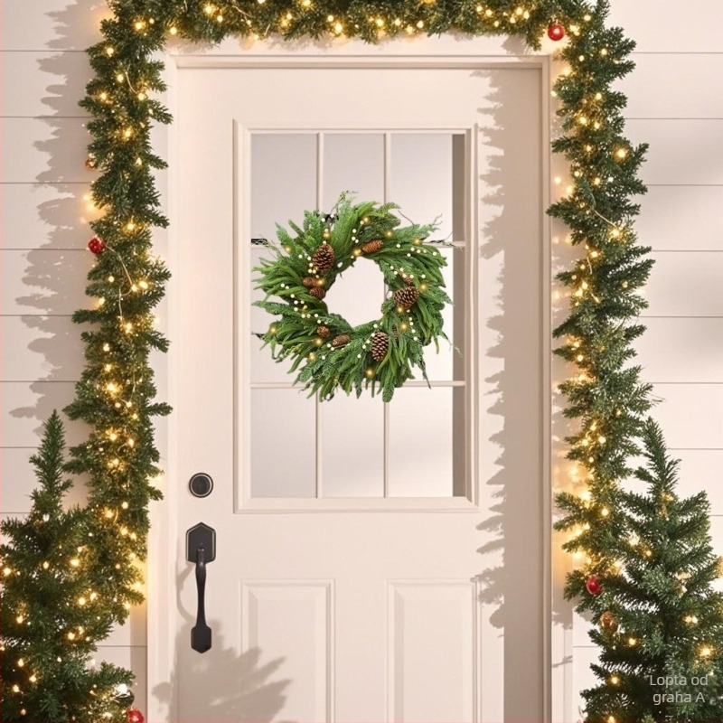 Vijenac za vrata s čunovima borovice i lampicama (plastika, ručna izrada, američki stil)