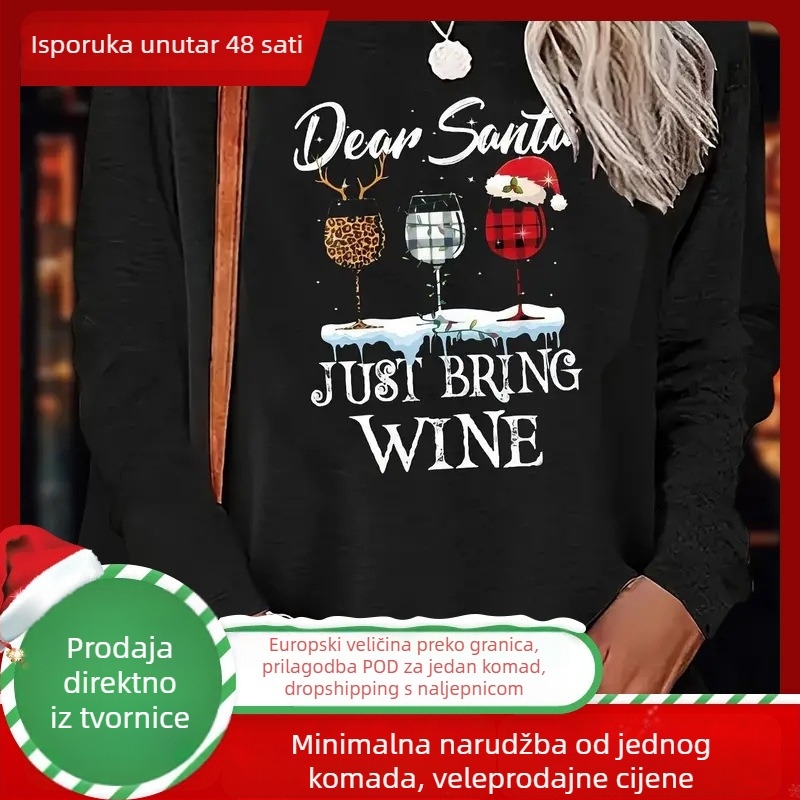 Ženski božićni pulover s dugim rukavima, okrugli izrez, tisak, slim kroj, poliester