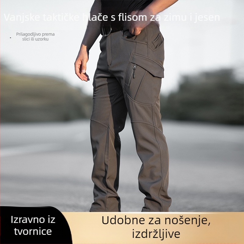 Vanjske taktičke hlače s fleecem, jednofarbne, zima-jesen, za muškarce; materijal: kompozitni fleece; funkcija: toplina