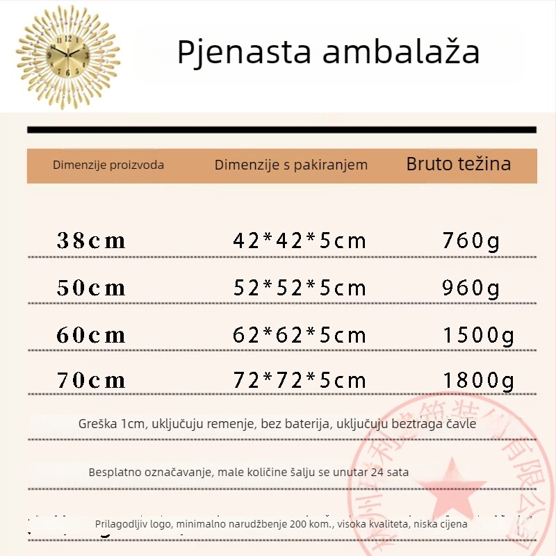 Zidni sat JT1301 s kvarcnim mehanizmom, napajanje baterijom, metalni brojčanik, kućište od kovanog željeza