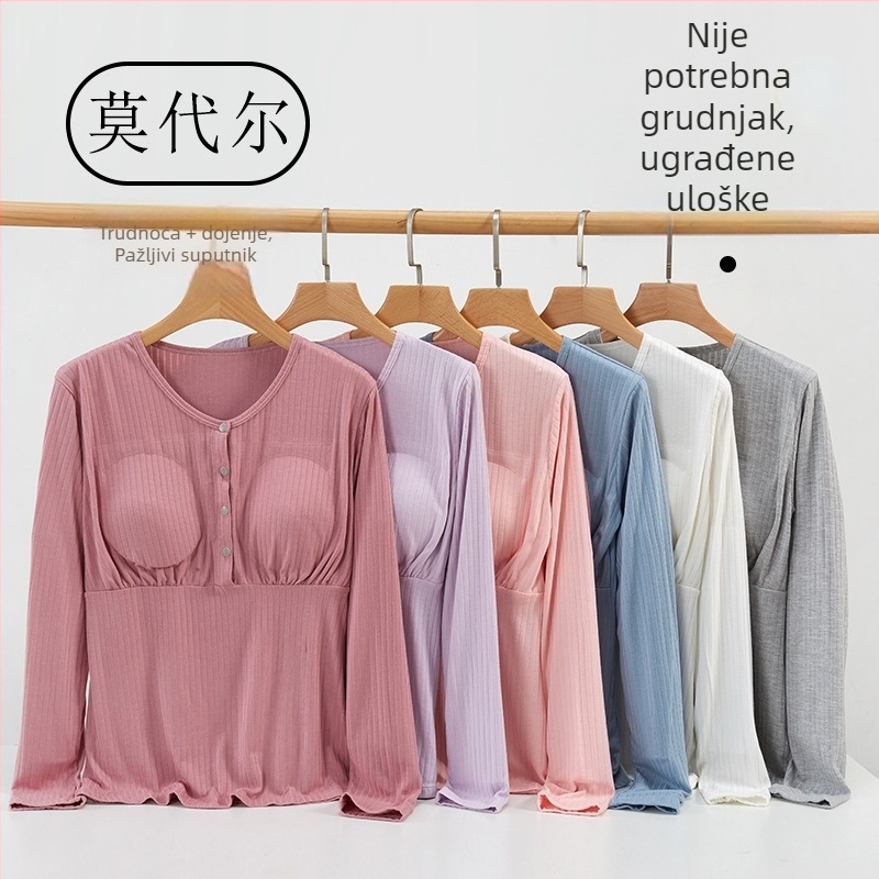 Top za dojenje s četiri gumba, dugi rukav, prozračna viskoza, gusta tkanina 251-300 g/m²