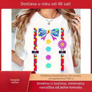 Ženska majica s šarenom mašnicom i točkastim printom, pamuk, kratki rukavi, okrugli izrez, toplinski otisak, casual ljeto 2025