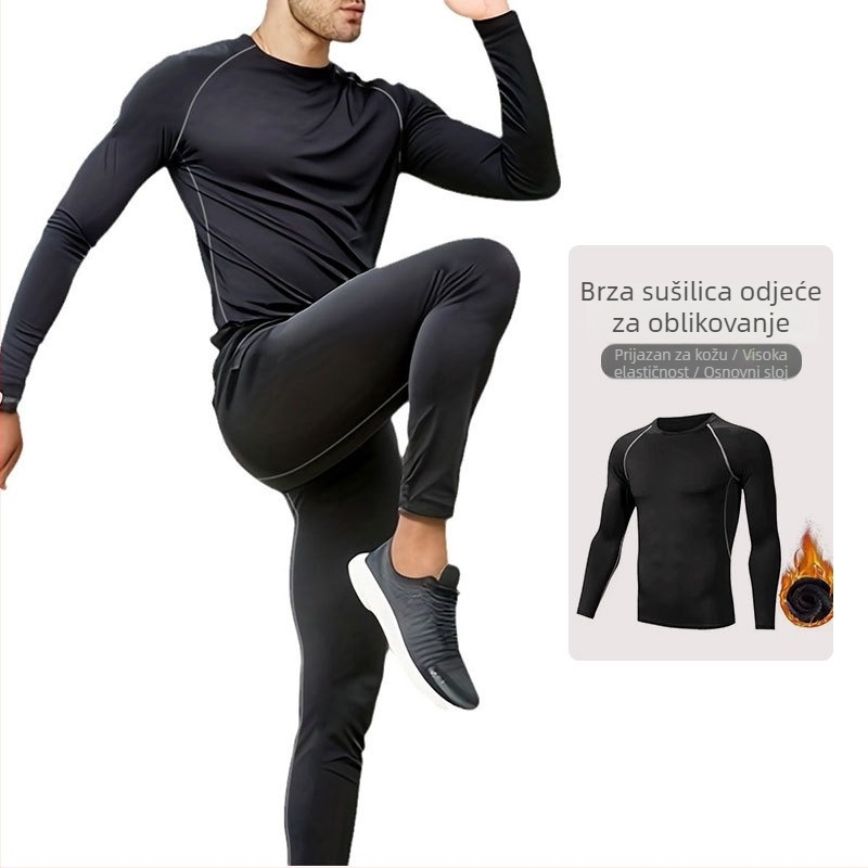 Muški sportski komplet za trening u uskom kroju, dugi rukav, okrugli ovratnik, poliester s 8% elastana, podstava Milk Silk, jednofarbni