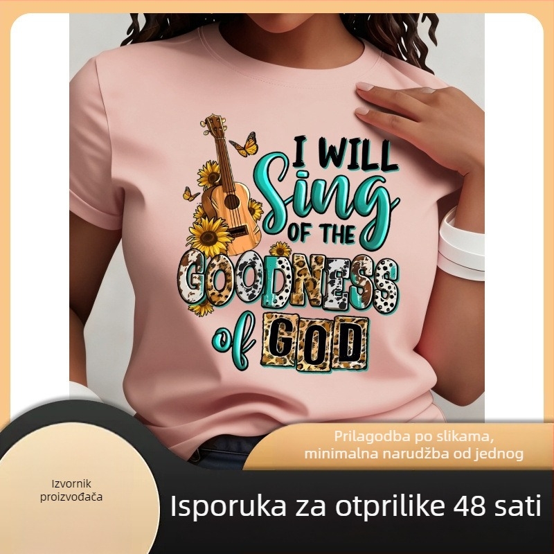 Majica s tiskom slova 'I Will Sing of the Goodness God', pamuk, slobodan kroj, okrugli izrez, kratki rukavi