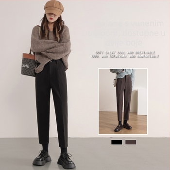 Ženske hlače od vunene mješavine, ravne do gležnja, japansko-korejski ležerni stil, slim fit, poliester 30–50%