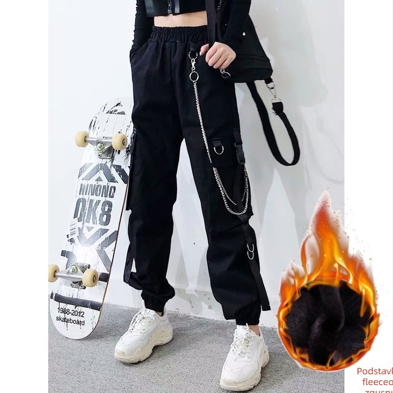 Ženske široke cargo hlače s više džepova, srednji pojas, poliester tkanina, zima 2024, ulični hipster stil