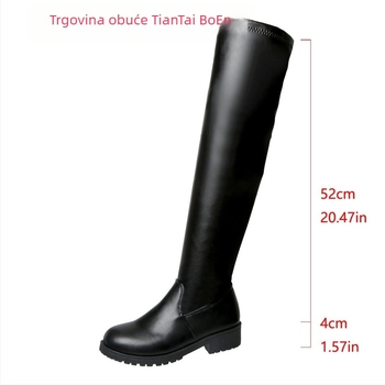 Čizme iznad koljena – PU gornji dio, visina iznad koljena, kvadratni pet 3–5 cm, okrugli vrh, europsko-američki stil, Pull-On