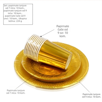 Jednokratne papirnate tanjire i čaše s uzorkom zlatnog i srebrnog sjaja — papirni materijal, debljina 300 g, okrugli oblik, tiskani logo