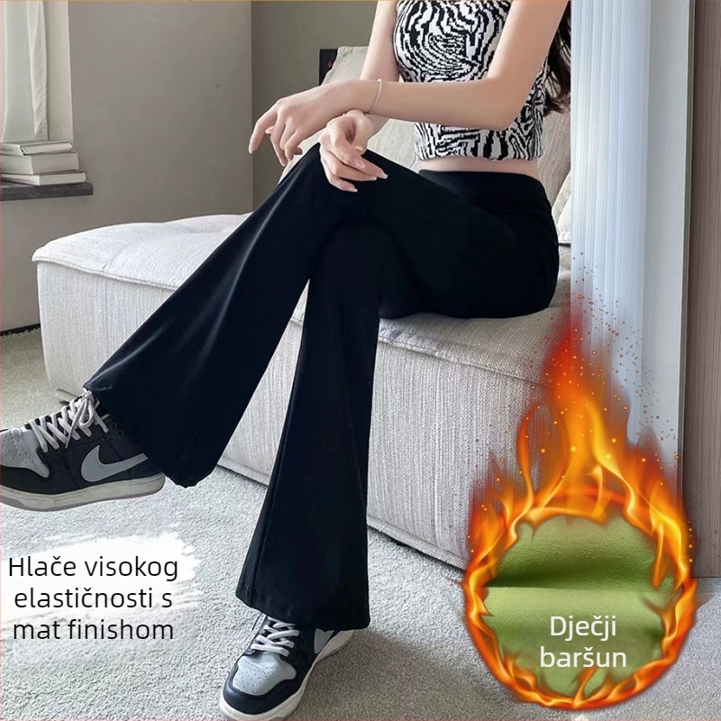 Najlon–spandeks hlače s flared krojem, debela tkanina, visoka elastičnost, uski kroj, gradski stil
