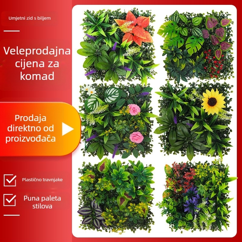 Zid od umjetnih biljaka s travnatim panelom, plastična konstrukcija, model 13336944