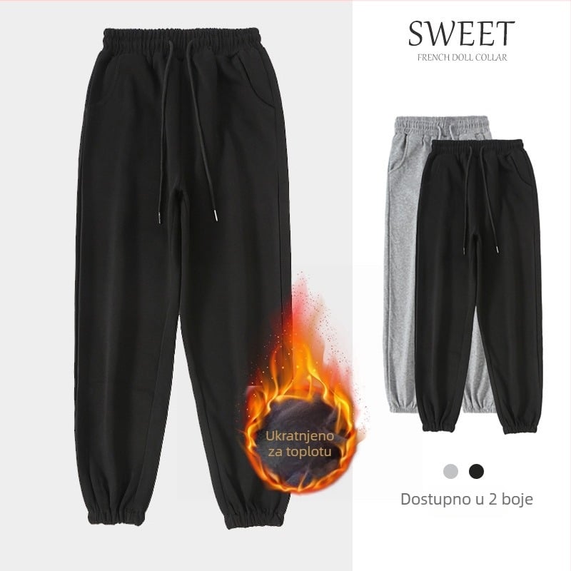 Ženske haremske hlače, visoki struk, kratka duljina, gusta tkanina, mješoviti materijal 70–80% poliestera