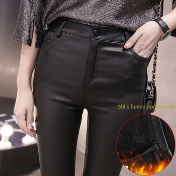 Ženske PU kožne uske hlače, visok pas, tanak materijal, poliesterova smjesa 50–70%