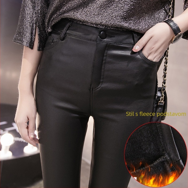 Ženske PU kožne uske hlače, visok pas, tanak materijal, poliesterova smjesa 50–70%