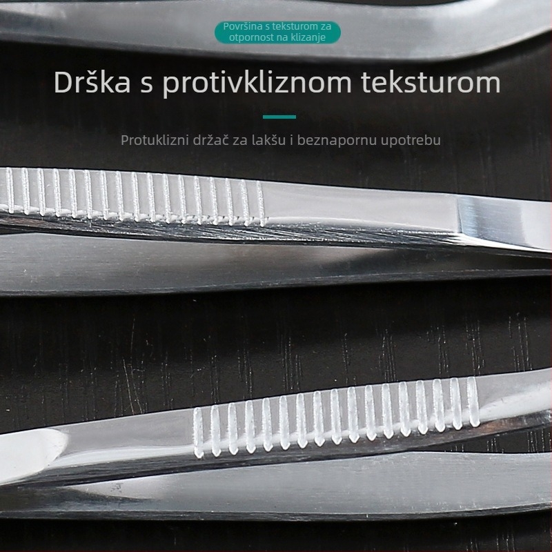 Ušne pincete u obliku pištole, od nehrđajućeg čelika 304, drška i vrh od nehrđajućeg čelika; serija pištolastih i koljeno-oblikovanih pinceta