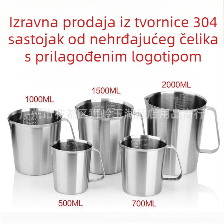 Mjerna šalica od 304 nehrđajućeg čelika s ugrađenom skalom, za čaj s mlijekom i kavom; više modela s oznakama i tolerancijom ±100 ml.