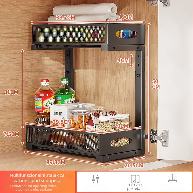 Stalak za začine ispod kuhinjskog sudopera, prilagodljiva košarica u ormariću, višeslojni izvlačni organizator od žičane mreže