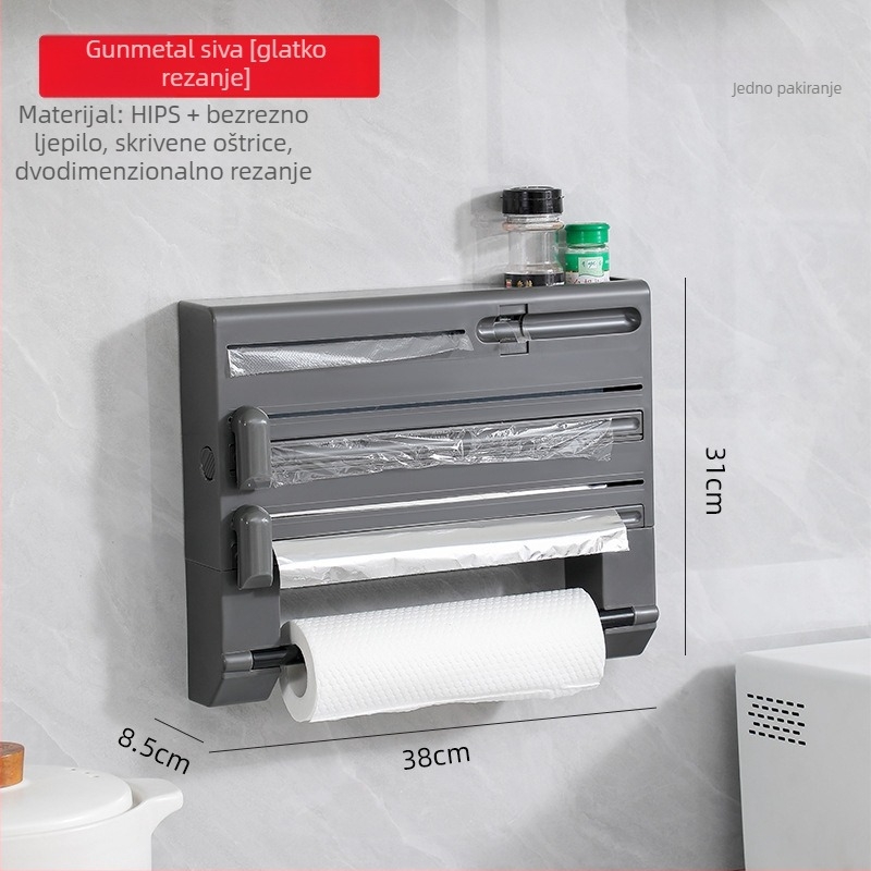 Kuhinjski organizator 6 u 1 s rezačem za plastičnu foliju, rolu papira, vrećice za smeće, traku i aluminijsku foliju; montaža bez bušenja – ljepilo + ugradni držač; materijal: 100% nova plastika; dizajn: kreativan, japanski stil