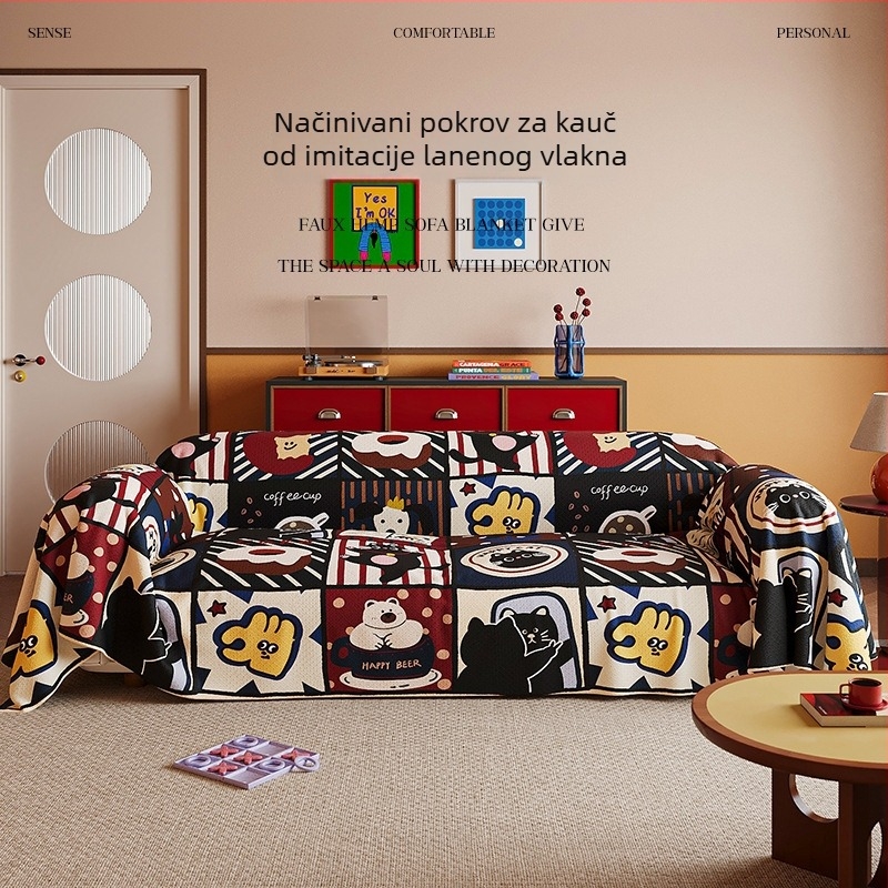 Retro navlaka za kauč s geometrijskim uzorkom za kutnu sofu – imitacija lana, doily stil