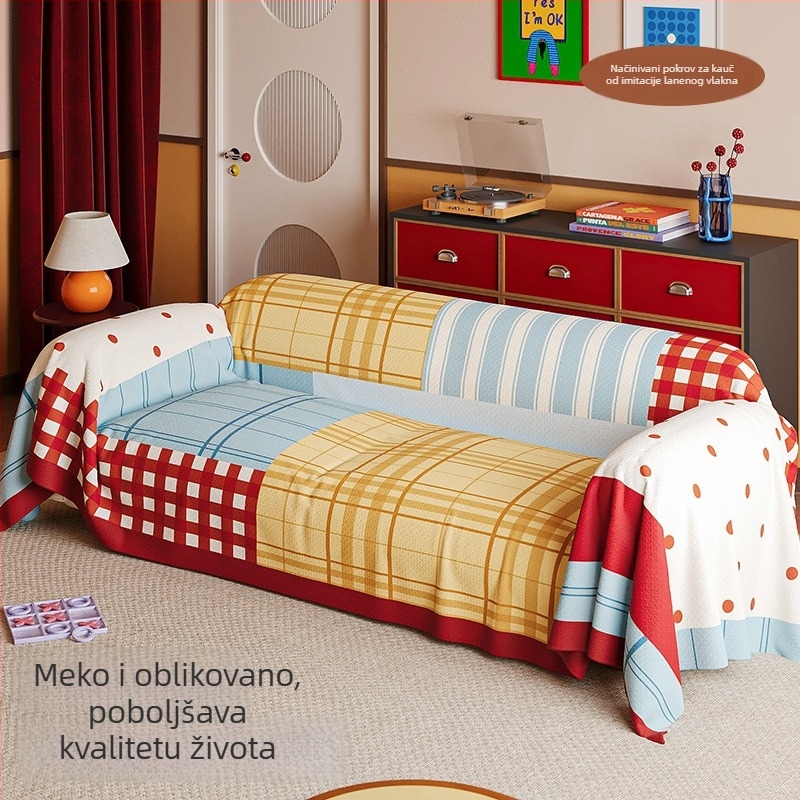 Retro navlaka za kauč s geometrijskim uzorkom za kutnu sofu – imitacija lana, doily stil