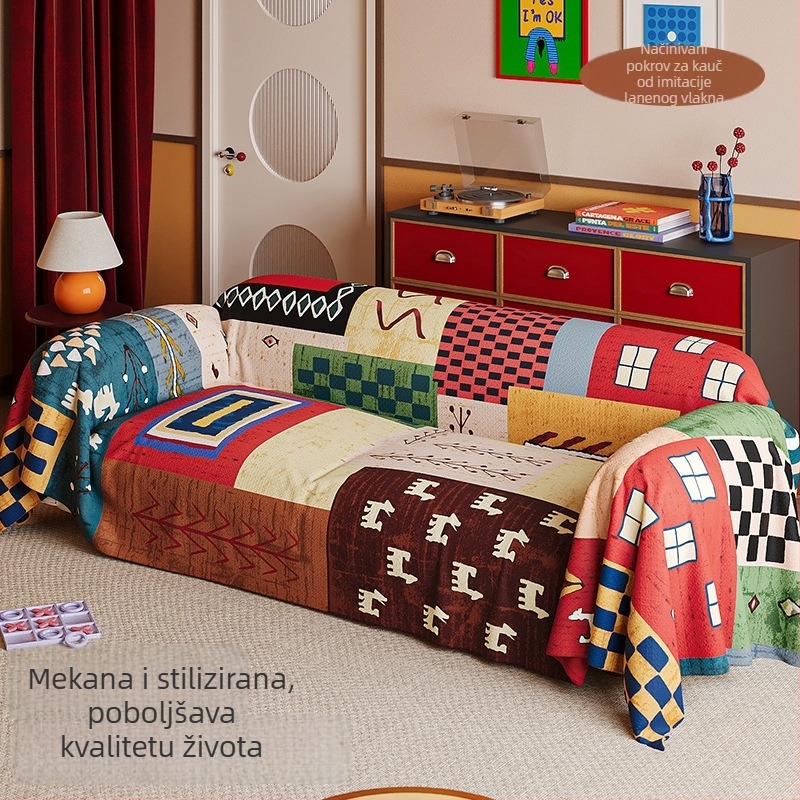 Retro navlaka za kauč s geometrijskim uzorkom za kutnu sofu – imitacija lana, doily stil