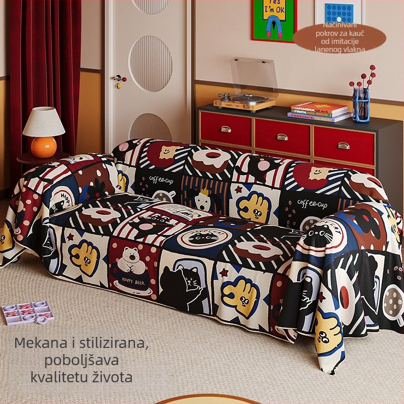 Retro navlaka za kauč s geometrijskim uzorkom za kutnu sofu – imitacija lana, doily stil