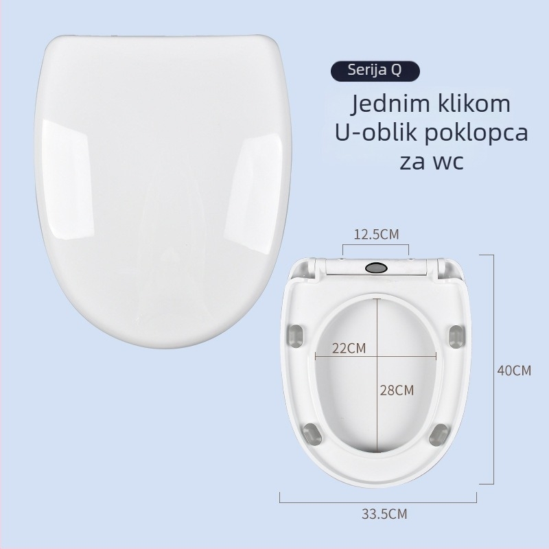 Kapa WC s univerzalnim prilagodbom, jednim klikom brzo otpuštanje, U-oblik kapak, amortizirani spori zatvarač, PP ploča, razmak rupa 11 cm, podesivi otvori za montažu