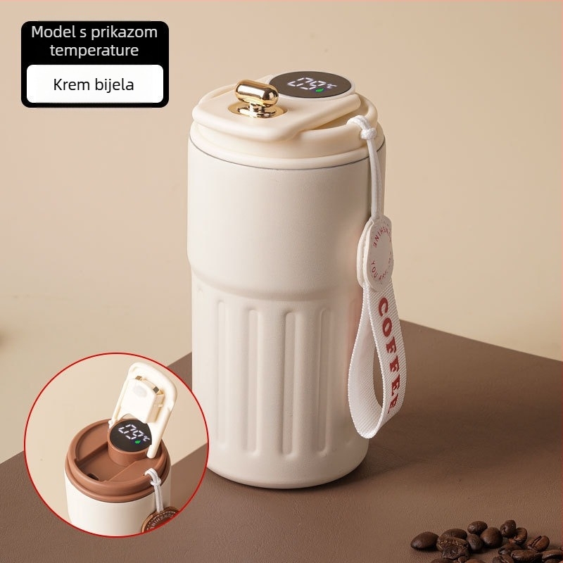 Termos šalica za kavu sa pametnim mjerenjem temperature, vakuumska izolacija, unutarnji spremnik od 316 nehrđajućeg čelika, prijenosna uz šnuru