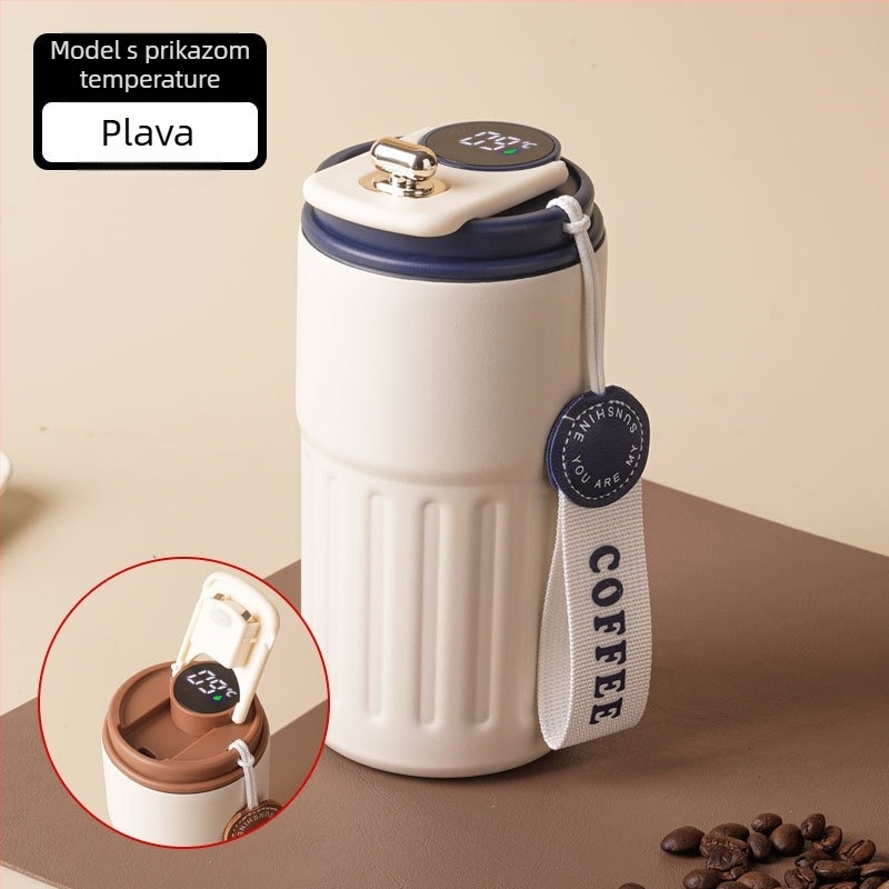 Termos šalica za kavu sa pametnim mjerenjem temperature, vakuumska izolacija, unutarnji spremnik od 316 nehrđajućeg čelika, prijenosna uz šnuru